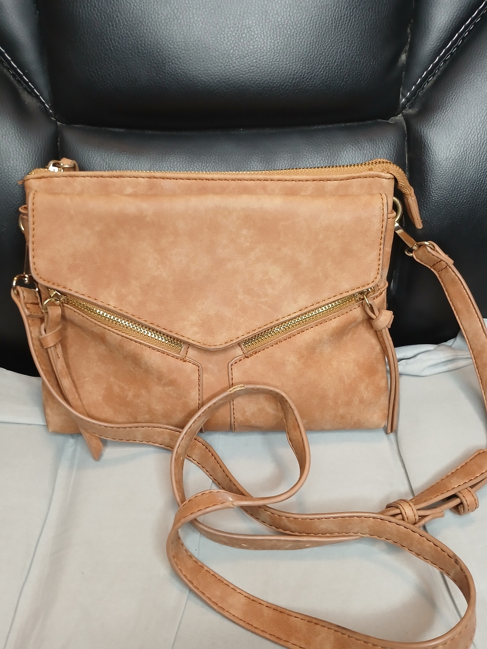 Free People Brown Faux Suede Crossbody Bag with Front Zip Pocket